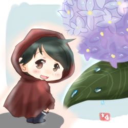 Rule 34 | 10s, 1girl, black hair, boots, brown eyes, eyebrows, flower, highres, hood, hydrangea, kantai collection, leaf, looking at viewer, looking to the side, mini person, minigirl, mogami (kancolle), open mouth, rain, raincoat, red hood, short hair, solo, taisa (kari)