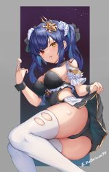 Rule 34 | 1girl, absurdres, aoria, ass, black dress, black panties, blue hair, breasts, cleavage, clothing cutout, commission, detached sleeves, dress, feet out of frame, frilled dress, frills, gold trim, hair ornament, heterochromia, highres, large breasts, long hair, looking at viewer, original, panties, red eyes, revealing clothes, short dress, shoulder cutout, side cutout, sidelocks, sitting, skindentation, solo, thighhighs, tongue, tongue out, torn clothes, torn thighhighs, twintails, underwear, wet, white thighhighs, wrist cuffs, yellow eyes, yokozuwari