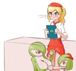 Rule 34 | 2girls, blonde hair, blue eyes, blush, bored, breasts, clothes lift, colored skin, creatures (company), cum, cum in container, cum in cup, cum on body, cum on breasts, cum on upper body, cup, english text, erection, exhibitionism, futanari, game freak, gardevoir, gen 3 pokemon, glasses, green hair, handjob, hat, holding, kirlia, large breasts, large penis, leah (pokemon), liveactors, multiple girls, necktie, nintendo, open mouth, pale skin, penis, pokemon, pokemon (creature), pokemon cafe remix, ponytail, public indecency, pun, red eyes, skirt, skirt lift, standing, stealth sex, trembling, uncensored, under table, uniform, white skin