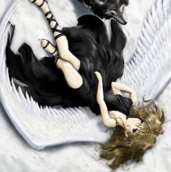 Rule 34 | angel, black dress, black eyes, brown hair, dress, lying, wings, wolf