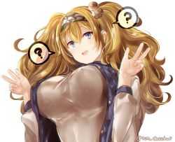 Rule 34 | 1girl, ?, alternate costume, blonde hair, blue eyes, blue shirt, blush, breasts, gambier bay (kancolle), hair ornament, hairband, juurouta, kantai collection, large breasts, long hair, looking at viewer, open mouth, shirt, simple background, solo, twintails, white background
