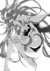 Rule 34 | 1girl, boots, breasts, cape, commentary request, finger to mouth, floating, floating hair, gloves, greyscale, large breasts, long hair, looking at viewer, monochrome, mori kotarou, open mouth, solo, star (symbol), stomach, strapless, tengen toppa gurren lagann, thighhighs, tube top, yoko littner