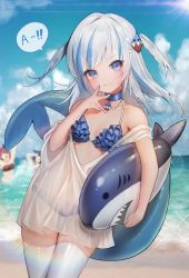 Rule 34 | 1girl, a (phrase), absurdres, alternate costume, bare shoulders, beach, bikini, blue bikini, blue choker, blue eyes, blue hair, blue nails, blue sky, choker, cloud, cowboy shot, day, fang, fang out, fins, fish tail, frilled bikini, frills, gawr gura, gg amang, hair ornament, hairclip, highres, hololive, hololive english, inflatable shark, inflatable toy, innertube, long hair, looking at viewer, multicolored hair, nail polish, ocean, outdoors, see-through, shark tail, sky, smile, solo, speech bubble, streaked hair, swim ring, swimsuit, tail, thigh gap, thighhighs, two-tone hair, two side up, virtual youtuber, water, white hair, white thighhighs
