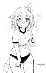 Rule 34 | 1girl, animal ears, breast hold, breasts, buruma, greyscale, gym uniform, hat, inubashiri momiji, large breasts, looking at viewer, medium breasts, monochrome, open mouth, short hair, signature, simple background, solo, sweat, tail, taurine 8000mg, touhou, translation request, white background, wolf ears, wolf tail
