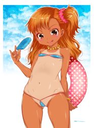 Rule 34 | 1girl, :q, bikini, blonde hair, blush, bracelet, character request, food, highres, innertube, jewelry, long hair, looking at viewer, micro bikini, mudou eichi, navel, necklace, one-piece tan, one side up, popsicle, scrunchie, smile, solo, swim ring, swimsuit, tan, tanline, tongue, tongue out, twitter username