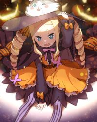 Rule 34 | 1girl, absurdres, beatrice (re:zero), blonde hair, blue eyes, butterfly-shaped pupils, cape, dress, drill hair, halloween, halloween costume, hat, highres, long hair, long sleeves, looking at viewer, open mouth, pantyhose, re:zero kara hajimeru isekai seikatsu, sidelocks, sitting, solo, striped clothes, striped pantyhose, symbol-shaped pupils, twintails, vertical-striped clothes, vertical-striped pantyhose, witch, witch hat, yomo (rb crr)