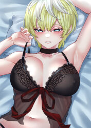 Rule 34 | 1girl, absurdres, armpits, bare shoulders, black bra, blonde hair, blue eyes, blush, bra, breasts, cleavage, collarbone, earrings, highres, izumo tenka, jewelry, large breasts, looking at viewer, mato seihei no slave, multicolored hair, navel, see-through, short hair, smile, solo, two-tone hair, underwear, upper body, wanzi (99wanzi99), white hair