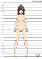 Rule 34 | 1girl, ahoge, artist name, barefoot, blush, breasts, brown eyes, brown hair, clenched hands, closed mouth, collarbone, completely nude, dot nose, eyebrows, female focus, female pubic hair, full body, gluteal fold, groin, height chart, highres, long hair, looking at viewer, lowleecom, medium breasts, navel, nipples, nude, original, pubic hair, pussy, signature, solo, standing, tagme, toes, watermark, web address