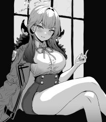 Rule 34 | 1girl, absurdres, aru (blue archive), blue archive, breasts, commentary request, crossed legs, fur-trimmed jacket, fur trim, greyscale, halo, highres, horns, jacket, large breasts, long hair, looking at viewer, metsu end, monochrome, neck ribbon, ribbon, shirt, sitting, skirt, smile, solo