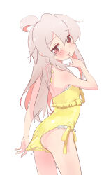 Rule 34 | 1girl, :p, adjusting clothes, adjusting swimsuit, ahoge, ass, bare arms, bare shoulders, blush, brown eyes, commentary, finger to mouth, frilled one-piece swimsuit, frills, hair between eyes, highres, kyarahiba, long hair, looking at viewer, naughty face, one-piece swimsuit, onii-chan wa oshimai!, oyama mahiro, petite, pink hair, simple background, solo, standing, swimsuit, tongue, tongue out, wedgie, white background, yellow one-piece swimsuit