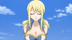Rule 34 | 1girl, animated, animated gif, blonde hair, bouncing breasts, breasts, cleavage, fairy tail, large breasts, lucy heartfilia, talking, twintails