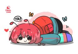 Rule 34 | 1girl, animal, antennae, backpack, bag, black skirt, blue shirt, blue socks, bug, butterfly, chibi, closed mouth, commentary request, full body, grey eyes, heart, highres, insect, long sleeves, lying, motion lines, on stomach, original, pink background, puffy long sleeves, puffy sleeves, purple footwear, shadow, shirt, shoes, skirt, sleeves past fingers, sleeves past wrists, smile, socks, solo, two-tone background, uni souchou, white background, worm