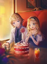 Rule 34 | 1boy, 1girl, alternate costume, bad id, bad twitter id, bare shoulders, birthday cake, blonde hair, blue eyes, cake, chibi vanille, corsage, cup, debonair ezreal, drinking glass, ezreal, food, happy, highres, indoors, juice, league of legends, long hair, lux (league of legends), open mouth, orange juice, own hands together, reflection, see-through, tagme, tea
