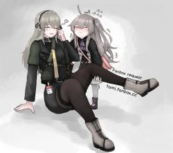 Rule 34 | 2girls, black legwear, blush, boots, breasts, closed eyes, closed mouth, fanbox username, girls&#039; frontline, grey footwear, grey hair, hair ornament, hairband, hairclip, hand on floor, highres, holding leg, long hair, min-tami, multiple girls, official alternate costume, on floor, open mouth, pantyhose, simple background, smile, standing, twintails, ump40 (girls&#039; frontline), ump45 (agent lop rabbit) (girls&#039; frontline), ump45 (girls&#039; frontline), white legwear