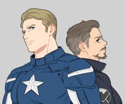Rule 34 | 2boys, animification, avengers: endgame, avengers (series), back-to-back, black jacket, blonde hair, blue bodysuit, blue eyes, bodysuit, brown eyes, captain america, closed mouth, collared jacket, commentary request, facial hair, grey background, grey hair, jacket, long sleeves, looking at another, looking at viewer, male focus, marvel, marvel cinematic universe, multiple boys, short hair, simple background, standing, star (symbol), steve rogers, superhero costume, tony stark, upper body, v-shaped eyebrows, yukko93