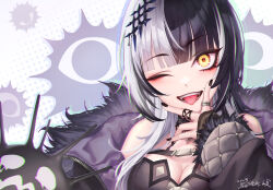 Rule 34 | 1girl, absurdres, bantish, black hair, black nails, breasts, chromatic aberration, cleavage, fur trim, highres, hololive, hololive english, jewelry, medium breasts, multicolored hair, one eye closed, ring, shiori novella, shiori novella (1st costume), signature, solo, split-color hair, tongue, tongue out, virtual youtuber, white hair, yellow eyes, yorick (shiori novella)