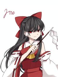 Rule 34 | 1girl, ascot, black hair, bow, commentary request, detached sleeves, gohei, hair bow, hair tubes, hakurei reimu, highres, holding, holding gohei, long hair, looking at viewer, mito (fate), partial commentary, red bow, red eyes, red skirt, ribbon-trimmed sleeves, ribbon trim, signature, skirt, skirt set, solo, touhou, yellow ascot