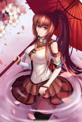 Rule 34 | 10s, 1girl, absurdres, black thighhighs, blush, breasts, brown hair, cherry blossoms, detached sleeves, flower, hair flower, hair ornament, headgear, highres, kantai collection, large breasts, long hair, long sleeves, looking at viewer, miniskirt, oil-paper umbrella, ponytail, red-d, red eyes, single thighhigh, skirt, smile, solo, thighhighs, umbrella, very long hair, wading, yamato (kancolle)
