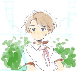 Rule 34 | 1boy, aged down, america (hetalia), axis powers hetalia, blonde hair, blue eyes, child, closed mouth, collared shirt, curtains, indoors, light smile, looking at viewer, male focus, mebachi, neck ribbon, no eyewear, open window, parted bangs, plant, red ribbon, ribbon, shirt, short sleeves, solo, tareme, upper body, white shirt, wind, window