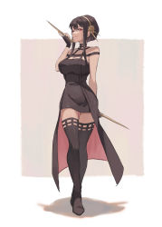 Rule 34 | 1girl, absurdres, arm behind back, bare shoulders, black dress, black gloves, black hair, boots, breasts, closed mouth, dagger, dress, dual wielding, fingerless gloves, flower, full body, gloves, gold hairband, hair flower, hair ornament, hairband, hand up, highres, holding, holding dagger, holding knife, holding weapon, knife, large breasts, midori xu, red eyes, rose, short hair with long locks, sidelocks, solo, spikes, spy x family, stiletto (weapon), thigh boots, thighhighs, two-sided dress, two-sided fabric, weapon, yor briar, zettai ryouiki