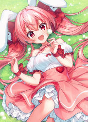Rule 34 | 1girl, :d, animal ears, asada hachi, banned artist, bare shoulders, bow, breasts, cleavage, collarbone, commentary, detached sleeves, di gi charat, dice, dice hair ornament, dress, flower, grass, hair between eyes, hair bow, hair ornament, happy, heart, highres, holding, large breasts, long hair, looking at viewer, lying, neck ribbon, on back, on grass, open mouth, outdoors, pink dress, pink hair, pink ribbon, puffy detached sleeves, puffy sleeves, rabbit ears, red bow, red eyes, red ribbon, ribbon, sleeveless, sleeveless dress, smile, solo, twintails, twitter username, usada hikaru, watermark, white flower, white sleeves, wrist bow