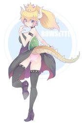 Rule 34 | 1girl, absurdres, armlet, ass, bad id, bad pixiv id, black dress, black thighhighs, blonde hair, blue eyes, bowser, bowsette, breasts, character name, choker, claws, clothes lift, dress, dress lift, full body, gender request, genderswap, hair between eyes, high heels, highres, horns, mario (series), nail polish, new super mario bros. u deluxe, nintendo, pointy ears, simple background, solo, spiked armlet, spikes, strapless, strapless dress, super crown, tail, thighhighs, underwear, white background