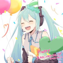 Rule 34 | 1girl, anniversary, aqua hair, aqua necktie, balloon, bare shoulders, birthday, black sleeves, blush, box, closed eyes, commentary, dated, detached sleeves, envelope, gift, gift box, grey shirt, hair ornament, hatsune miku, headphones, headset, highres, holding, holding balloon, holding envelope, holding gift, long hair, m0ti, necktie, open mouth, shirt, simple background, sleeveless, sleeveless shirt, smile, solo, spring onion, stuffed toy, twintails, upper body, very long hair, vocaloid, white background