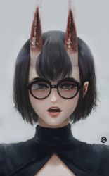 Rule 34 | absurdres, artist name, black hair, clothing request, commentary, dana (ocana dana), ears visible through hair, fate/grand order, fate (series), glasses, highres, horns, looking at viewer, open mouth, portrait, purple eyes, red horns, shuten douji (fate), signature, simple background, teeth