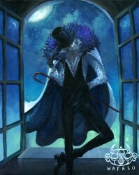 Rule 34 | 1boy, acrylic paint (medium), arm behind back, black gloves, black pants, cane, cape, crossed legs, earrings, fur trim, gloves, grin, hat, hat tip, head tilt, high collar, highres, holding, holding cane, jewelry, lafitte, male focus, night, one piece, painting (medium), pants, polka dot, polka dot shirt, shirt, smile, solo, top hat, traditional media, wafalo, watermark, white cape, window