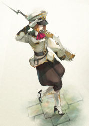 Rule 34 | bad perspective, bayonet, boots, brown eyes, brown hair, fantasy earth zero, full body, gloves, gun, hat, high heel boots, high heels, highres, holding, holding gun, holding weapon, military, military hat, military uniform, over shoulder, pouch, ryouku, salute, short hair, solo, standing, standing on one leg, uniform, weapon, white footwear, white gloves, white hat