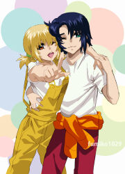 Rule 34 | 1boy, 1girl, arm around neck, arm around waist, artist name, athrun zala, bad tag, blonde hair, blue hair, cagalli yula athha, couple, fumiko (mesushi), green eyes, gundam, gundam seed, gundam seed freedom, hand over another&#039;s hand, looking at viewer, official alternate costume, one eye closed, open mouth, pants, red pants, shirt, smile, white shirt, yellow eyes, yellow overalls
