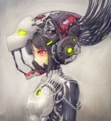 Rule 34 | 1girl, black hair, bodysuit, breasts, cable, commentary request, glowing, glowing eyes, helmet, highres, mask, mecha musume, original, red eyes, science fiction, see-through, shiny clothes, simple background, small breasts, solo, yumikoyama49