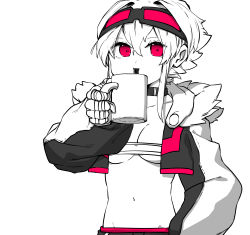 Rule 34 | 1girl, absurdres, bandages, bandaged hand, bandages, bandeau, breasts, choker, cleavage, coffee mug, cropped jacket, cup, empty eyes, goggles, goggles on head, hair between eyes, highres, holding, holding cup, jacket, long sleeves, looking at viewer, medium breasts, mug, navel, niwamaru (niwarhythm), niwarhythm, open clothes, open jacket, original, short hair, simple background, solo, spitting, stomach, white background