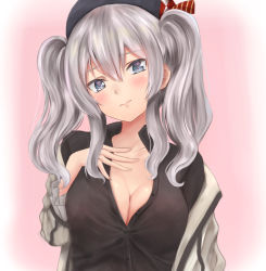 Rule 34 | 10s, 1girl, beret, black shirt, blue eyes, blush, breasts, cleavage, collared shirt, grey eyes, hand on own chest, hat, irohakaede, jacket, unworn jacket, kantai collection, kashima (kancolle), large breasts, looking at viewer, military, military uniform, partially unbuttoned, shirt, sidelocks, silver hair, solo, twintails, uniform, upper body, wavy hair, wavy mouth