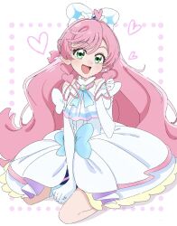 Rule 34 | 1girl, akizora (aki precure), ascot, bow, braided sidelock, brooch, cure prism, cut bangs, dress, dress bow, earrings, elbow gloves, glove bow, gloves, gradient background, green eyes, hair bow, highres, hirogaru sky! precure, jewelry, long hair, looking at viewer, magical girl, medium dress, open mouth, pink background, pink hair, precure, sitting, solo, wariza, white ascot, white bow, white dress, white gloves, wing brooch, wing hair ornament