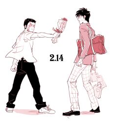 Rule 34 | 2boys, bag, blush, buraiden gai, burn scar, clenched hands, closed mouth, commentary request, dated, full body, heart, jacket, kudou gai, looking at another, male focus, medium bangs, multiple boys, open mouth, pants, plaid, plaid pants, red theme, scar, scar across eye, school bag, short bangs, short hair, short sleeves, simple background, standing, surprised, tobaku haouden zero, ukai zero, valentine, wataroux, yaoi