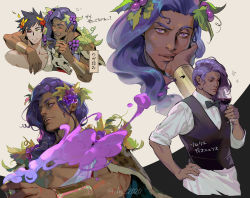 Rule 34 | 2boys, animal print, arm around shoulder, bartender, black bow, black bowtie, black hair, black sclera, blue hair, bow, bowtie, bracer, cape, collared shirt, colored sclera, cup, dark-skinned male, dark skin, dionysus (hades), drinking glass, falling petals, food, food-themed hair ornament, fruit, grape hair ornament, grapes, green eyes, grin, hades (series), hades 1, hage2013, hair ornament, hand on own hip, hand on own face, highres, holding, holding cup, laurels, leaf, leaf hair ornament, long hair, long sleeves, looking at viewer, male focus, multiple boys, muscular, muscular male, open mouth, pale skin, parted lips, petals, purple eyes, red eyes, shirt, short hair, sleeves rolled up, smile, sparkle, spiked hair, sweatdrop, twitter username, waistcoat, wavy hair, white shirt, wine glass, zagreus (hades)