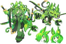 Rule 34 | 1girl, animal ears, black gloves, bodysuit, commentary, covered face, ears through headwear, gloves, glowing, green eyes, green gloves, green hair, green headwear, green tabard, hat, high collar, highres, katana, leaf, leg warmers, looking at viewer, mix (candlmix), multiple views, open hand, original, outstretched arms, pale skin, personification, plant, plant hair, running, sharp teeth, sheath, sheathed, simple background, sketch, smile, sword, tabard, teeth, tentacles, thick eyebrows, triangle mouth, unfinished, unsheathed, v-shaped eyebrows, venus flytrap, walking, weapon, white background
