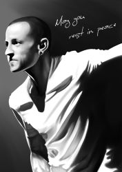 Rule 34 | 1boy, absurdres, chester charles bennington, ear piercing, english text, greyscale, highres, linkin park, male focus, monochrome, piercing, real life, realistic, shaved head, shirt, super joannco, white shirt