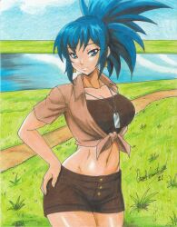 Rule 34 | 1girl, 2021, blue eyes, blue hair, breasts, collarbone, denim, denim shorts, earrings, field, grass, hand on own hip, highres, jewelry, lake, large breasts, leona heidern, navel, necklace, path, ponytail, ravernclouk design, road, shorts, snk, solo, the king of fighters
