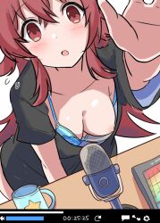 Rule 34 | 1girl, black skirt, blue bra, blush, bra, breasts, cleavage, crossed bangs, cup, downblouse, ginmugi, idolmaster, idolmaster shiny colors, komiya kaho, large breasts, livestream, long hair, looking at viewer, microphone, nipples, no pants, one breast out, open mouth, pink eyes, red hair, simple background, skirt, solo, underwear