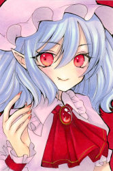 Rule 34 | 1girl, ascot, brooch, fang, fang out, hair between eyes, hand up, hat, highres, jewelry, looking at viewer, mob cap, nail polish, pointy ears, puffy sleeves, red eyes, red nails, remilia scarlet, ribbon, short hair, short sleeves, skin fang, slit pupils, smile, solo, touhou, traditional media, upper body, wrist cuffs, yuuki hana (jtnp5334)