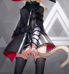 Rule 34 | 1girl, am1m, arknights, arm behind back, black cloak, black dress, black thighhighs, blonde hair, cat tail, cloak, dress, from behind, haze (arknights), head out of frame, highres, long hair, long sleeves, short dress, solo, standing, striped clothes, striped dress, tail, thighhighs