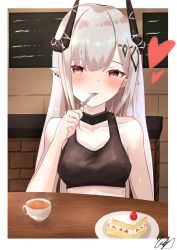 Rule 34 | 1girl, absurdres, arknights, bare shoulders, blush, cake, crop top, cup, demon girl, demon horns, eating, food, fork, highres, holding, holding fork, horns, infection monitor (arknights), long hair, mudrock (arknights), pointy ears, red eyes, silver hair, solo, teacup, yoshi-j