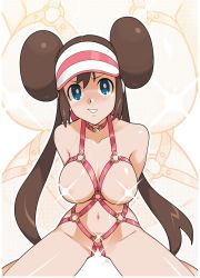 Rule 34 | 1girl, bdsm, blue eyes, blush, bondage, bound, breasts, bright pupils, brown hair, censored, collar, collarbone, commentary, creatures (company), double bun, game freak, glint, hair bun, harness, highres, light censor, long hair, looking at viewer, navel, nintendo, pokemon, pokemon bw2, rosa (pokemon), sexynomicon, shiny skin, sitting, slave, smile, solo, spread legs, twintails, visor cap, white pupils
