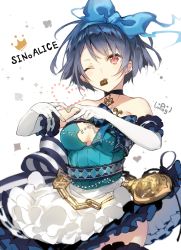 Rule 34 | 1girl, alice (sinoalice), apron, bad id, bad pixiv id, blue hair, bow, breasts, chain, chocolate, choker, cleavage, cleavage cutout, clothing cutout, dress, elbow gloves, frilled apron, frilled dress, frilled thighhighs, frills, fukuda935, gloves, hair bow, hairband, heart, heart hands, looking at viewer, medium breasts, mouth hold, one eye closed, pocket watch, red eyes, ribbon, short hair, sinoalice, solo, thighhighs, watch, white gloves, zettai ryouiki