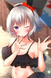 Rule 34 | 1girl, alternate costume, animal ears, blurry, blurry background, blush, breasts, collarbone, commentary request, curren chan (umamusume), grey hair, headband, highres, horse ears, horse girl, looking at viewer, medium breasts, navel, one eye closed, ribbon, shiinyan, short hair, solo, swimsuit, umamusume
