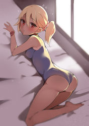 Rule 34 | 1girl, ass, backlighting, bad id, bad pixiv id, bare legs, bare shoulders, barefoot, bed sheet, blonde hair, blue one-piece swimsuit, blush, breasts, casual one-piece swimsuit, closed mouth, commentary request, dutch angle, from above, full body, hair between eyes, highres, indoors, looking at viewer, looking to the side, lying, medium breasts, meng ge 3 (565571710), on stomach, one-piece swimsuit, original, red eyes, side ponytail, sidelocks, solo, sunlight, swimsuit, window