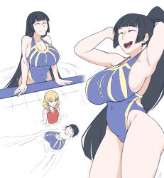 Rule 34 | 2girls, :d, ^ ^, armpits, arms up, black hair, blonde hair, blunt bangs, breasts, camerata, cleavage, closed eyes, collarbone, competition swimsuit, covered navel, covered nipples, cowboy shot, drill hair, erika wagner, highleg, highleg swimsuit, highres, huge breasts, kaguya jingu, long hair, medium hair, multiple girls, multiple views, one-piece swimsuit, open mouth, ponytail, pool, sidelocks, simple background, smile, swimsuit, thighs, twin drills, under night in-birth, under night in-birth 2 sys:celes, very long hair, white background