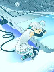 Rule 34 | 1boy, ahoge, android, bare shoulders, blush, closed eyes, computer, creamyya, detached sleeves, eyelashes, headphones, highres, laptop, male focus, mini person, miniboy, open mouth, sleeping, solo, tail, usb, utatane piko, vocaloid, white hair